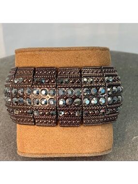 Bronze brown chrome crystal rhinestone stretchy thick statement bracelet